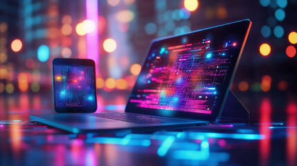 Neon Nights Laptop and Phone Displaying Vibrant Code and Data