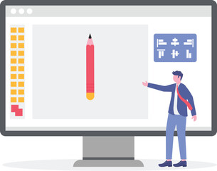 Graphic design software application concept on laptop or computer screen, flat illustration, vector template, design tools, symbols,

