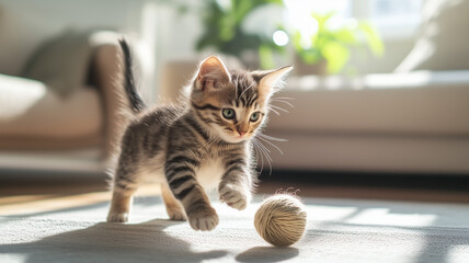 Plakat A Playful Kitten Chasing Yarn in a Cozy Living Room with Sunlight Streaming Through the Window