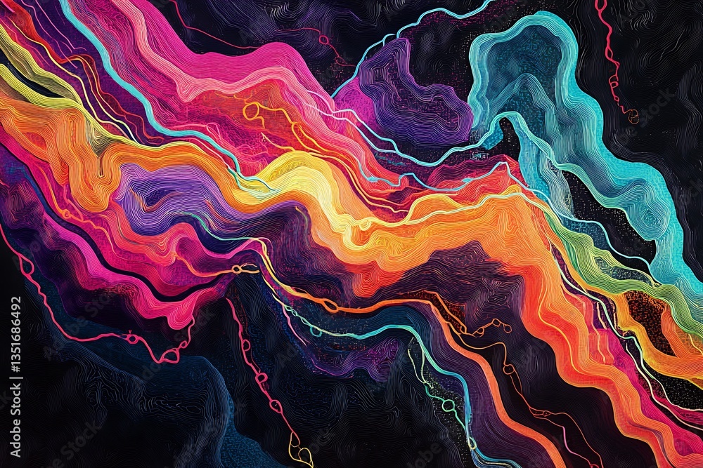 Poster multicolored glowing pathways interconnecting seamlessly in a complex circuit layout.