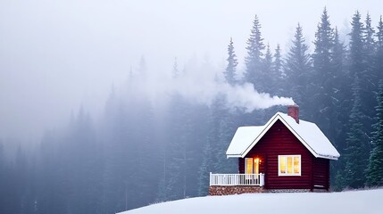 Cozy cabin with snow and smoke rising from the chimney surrounded by a forest on a foggy day