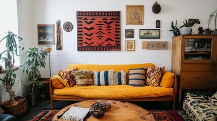Cozy, eclectic space with a mix of vintage and modern furniture, vibrant textiles, and statement artwork, creating a unique and inviting atmosphere, medium close-up.  