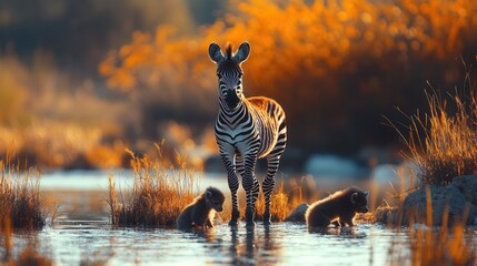 Fototapeta premium Zebra with Two Young Foals Playing in Water Surrounded by Lush Greenery at Golden Hour