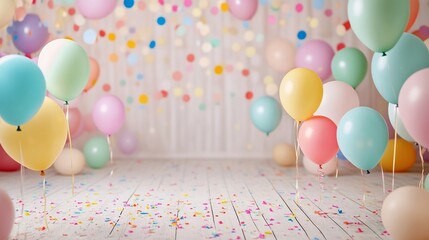 Celebration backdrop with pastel balloons and confetti on wooden floor