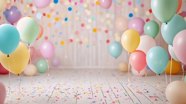 Celebration backdrop with pastel balloons and confetti on wooden floor
