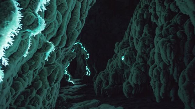 luminous mushrooms in a dark cave
