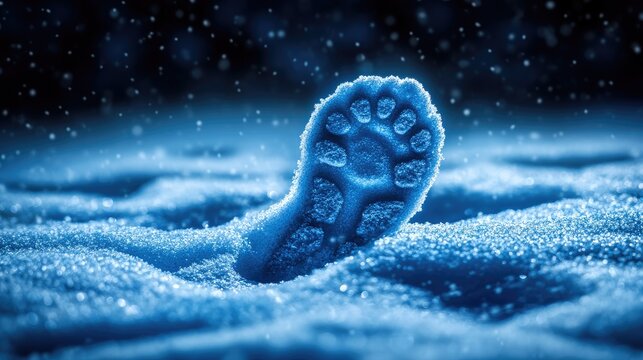 Big cat paw print in snow, night, winter scene, wildlife