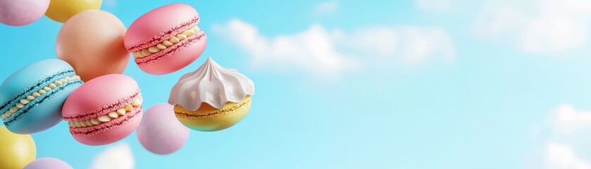 Colorful Macarons and Swiss Meringue on Blue Sky