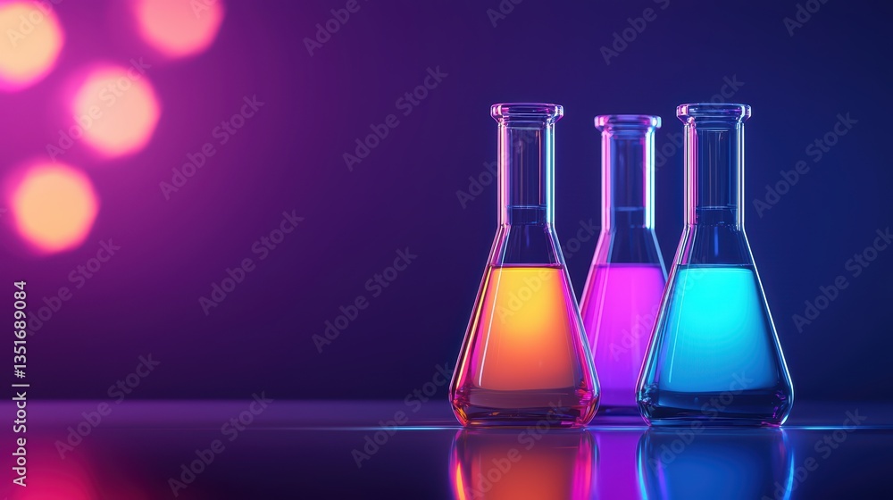 Poster colorful laboratory flask arrangement with bokeh lights