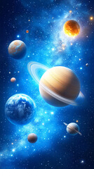 A stunning visualization showcases multiple planets suspended in a vibrant galaxy. The scene includes a detailed Saturn with its iconic rings, diverse planetary textures, and radiant stars