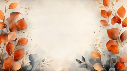 A delicate watercolor painting featuring orange and gray leaves with gold accents, creating a serene and elegant botanical background