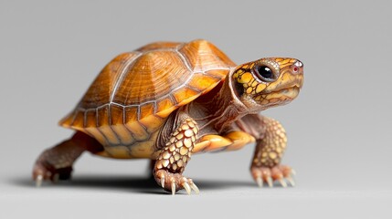 Fototapeta premium Tortoise on the Move: A captivating image of a tortoise captured in mid-stride, with detailed textures and a warm, earthy color palette against a serene background.