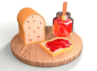 wooden tray with sandwiches and a jar of strawberry jam 3d-rendering