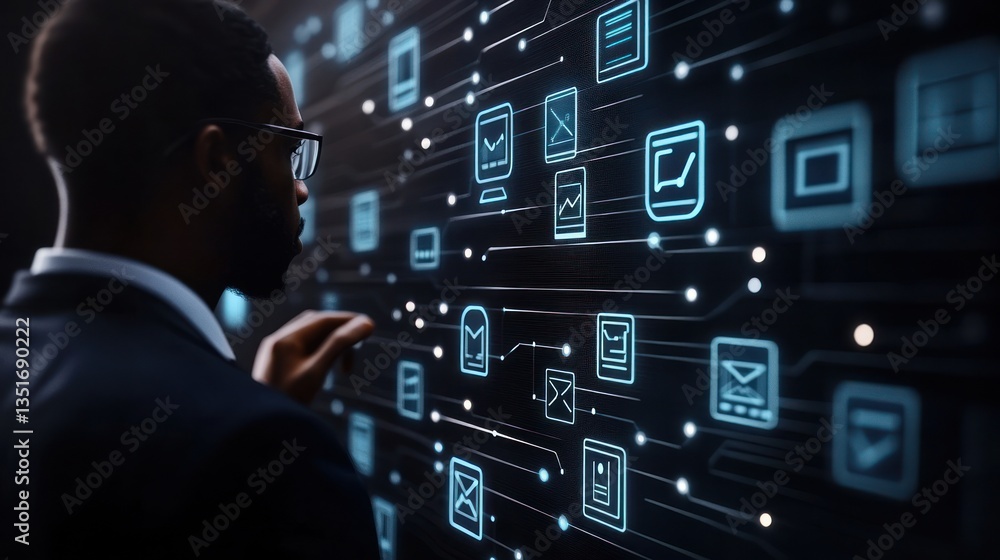 Poster digital transformation: a man interacting with a futuristic interface