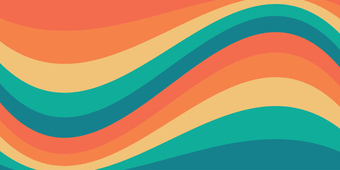 Full color retro groovy illustration background. Abstract multicolor wavy vector wallpaper design. Colors: Yellow, orange and blue. © Hafidz Sources