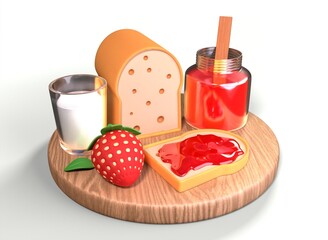 wooden tray with sandwiches and a jar of strawberry jam 3d-rendering