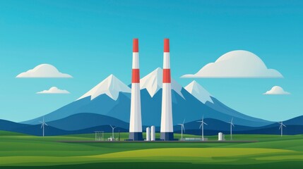 A graphic showing net zero emissions technology, featuring renewable energy infrastructure, energy-saving solutions, and emissions tracking, with ample copy space to describe technological