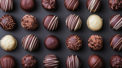 World chocolate day with sweet and recipe idea. Delicious assorted chocolate truffles on a textured surface.