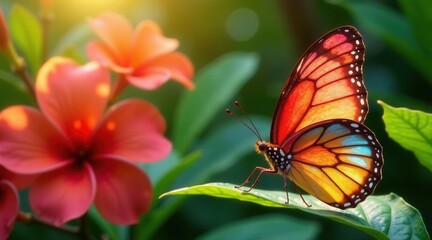 Fototapeta premium A vibrant butterfly with radiant orange and blue wings rests gracefully on a lush green leaf, bathed in the warm glow of sunlight, near delicate red flowers in a tranquil garden setting.