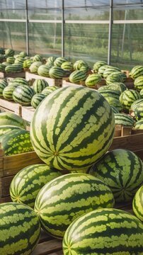 Harvested watermelons in wooden crates in a greenhouse