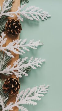 Snowy pine branches and pine cones on wooden board with blue