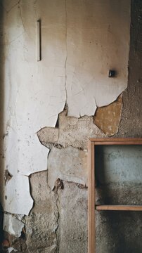 Cracked plaster wall with wooden frame