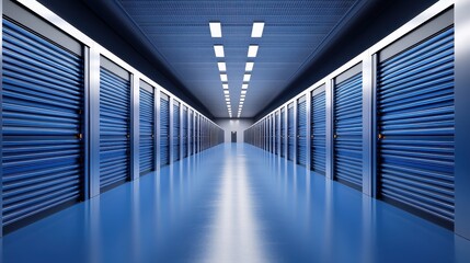 Fototapeta premium A sleek, modern data center corridor lined with server racks, showcasing a high-tech environment with blue lighting and a polished floor.