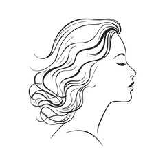 A black and white vector silhouette of a woman’s head in profile, featuring soft lines and simple elegance on a white background, 