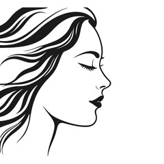 A minimalistic black and white vector silhouette of a woman’s head in profile, creating a peaceful and serene look on a white background