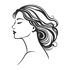 A black and white vector illustration of a woman's head in profile, showcasing elegant facial features on a white background,