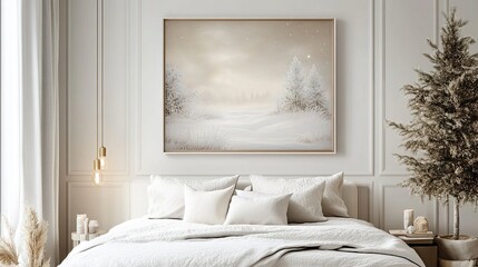 Elegant wintery scene with soft white tones, glowing Christmas lights creating a warm contrast, and delicate frosty details for a festive New Year touch, medium framing.  