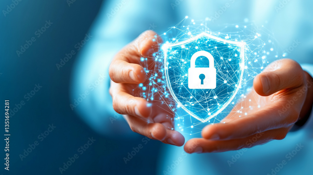 Poster two hands are positioned to support a glowing digital shield with a padlock symbol. this representat