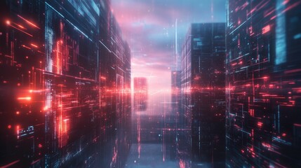 Fototapeta premium Abstract digital city, glowing lines, red and blue hues.