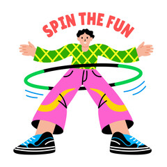 Flat sticker of a character having spin fun with hula hoop