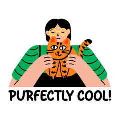 A flat style typographic sticker of a cool cat lover character 