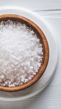 Sea salt in wooden bowl isolated on white background closeup. top view