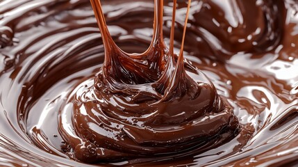 Rich melted chocolate flowing smoothly in a bowl creating a glossy texture, perfect for dessert recipes and indulgent treats