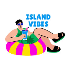 Flat style sticker of a chill character enjoying island vibes 