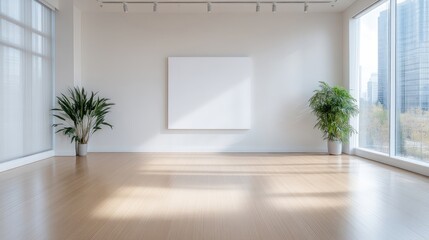 Empty modern art gallery space with large blank canvas