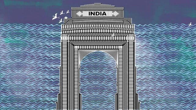 india get delhi india ,india get behind city sea world delhi , unesco world heritage site, warli art seawater ,onsen graphic art illustration ,agra fort 