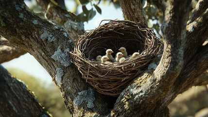 Obraz premium A Close-Up View of Newly Hatched Chicks in a Bird’s Nest Nestled in the Branches of an Oak Tree
