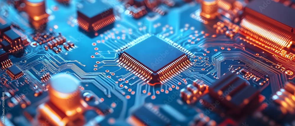 Poster a close-up view of a circuit board showcasing a microchip surrounded by intricate wiring and compone