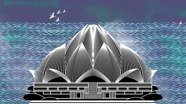  lotus temple delhi india ,lotus temple behind city delhi , unesco world heritage site, warli art sea water ,onsen graphic art illustration ,agra fort