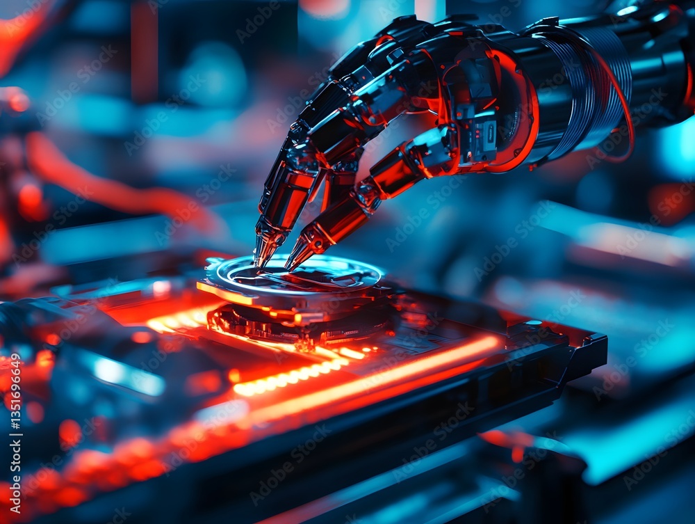 Aufkleber a close-up view of a robotic hand delicately gripping a circuit board with vibrant red and blue ligh