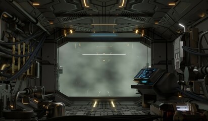 Technology corridor, modern tunnel, hallway, spaceship, 3D illustration