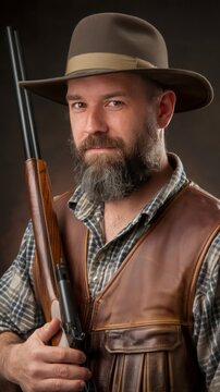 Studio portrt of a bearded hunter holds a rifle.