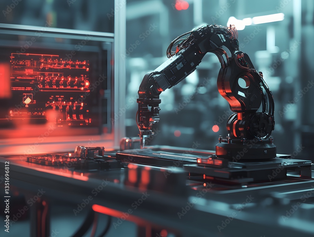 Poster a close-up view of an advanced robotic arm in a modern factory, showcasing precision engineering and
