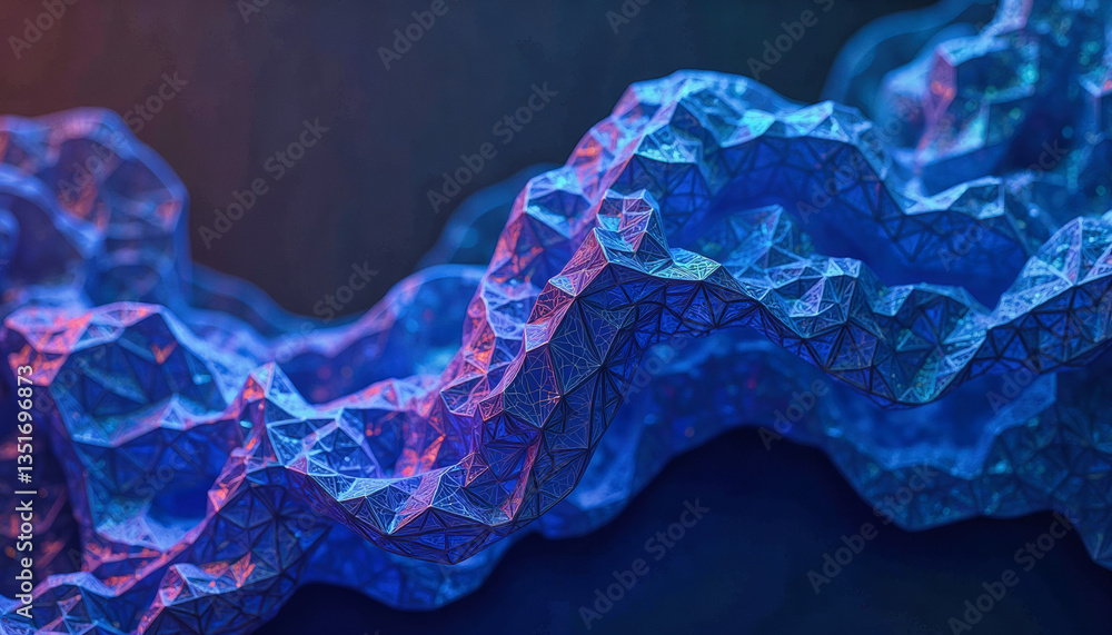 Poster glowing blue and pink geometric patterns swirl and intertwine, creating a dynamic, crystalline struc