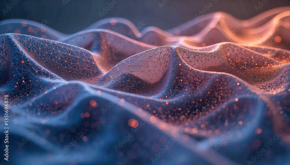 Poster glowing, interconnected nodes form a dynamic, fluid network within a shimmering, abstract landscape.