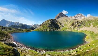 panoramic view of a beautiful natural lake in the mountains llac del circ de colomers pirineus salardu naut aran val d aran lleida catalonia spain